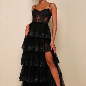 Alluring Sensation Black Tulle Embroidered Tiered Maxi Dress